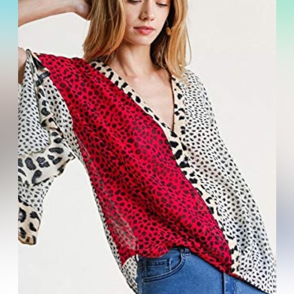 UMGEE ANIMAL PRINT RUFFLED SLEEVE SURPLICE TOP. LIGHTWEIGHT SHEER, HIGH LOW HEM - Picture 8 of 12